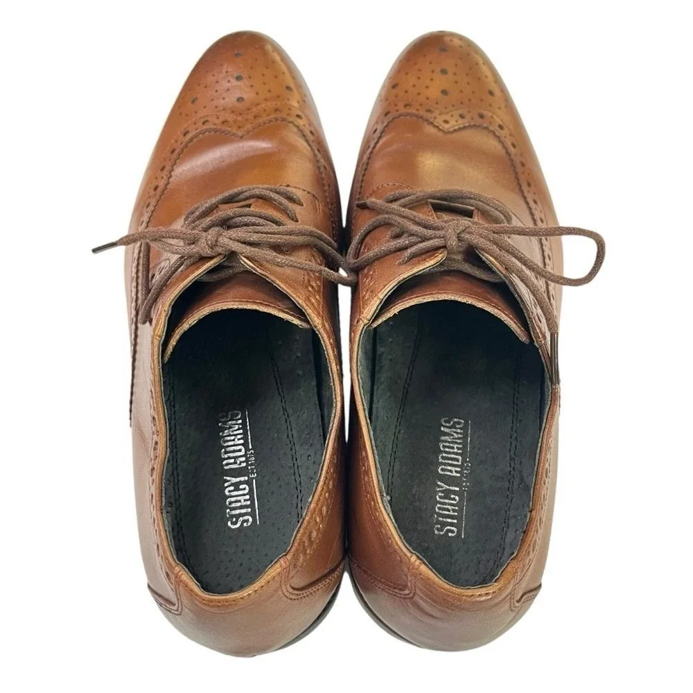 Stacy Adams Garrison Wingtip Oxford Brogue Leather Dress Shoes Cognac Formal 7.5